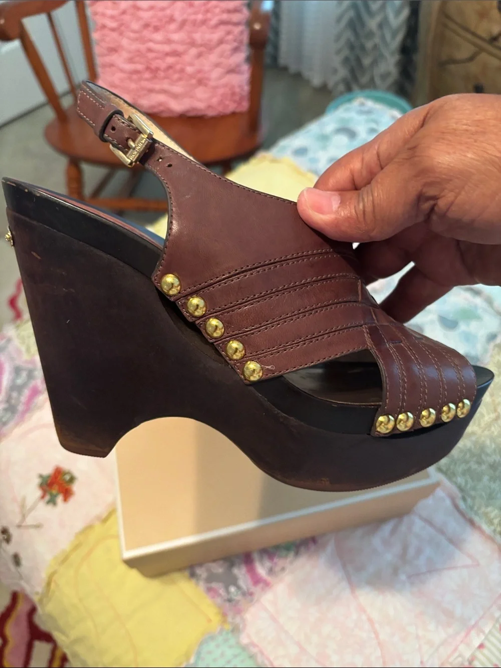 Michael Kors Dark Brown Leather Studded Wedge Sandals—NWOT